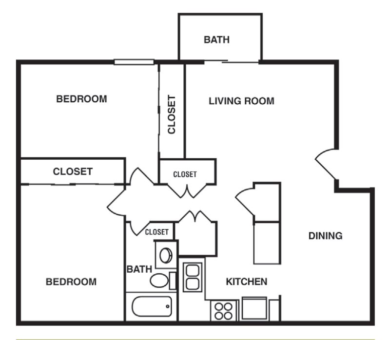 Floor plan for 2 beds, 1 bath, 808 sqft
